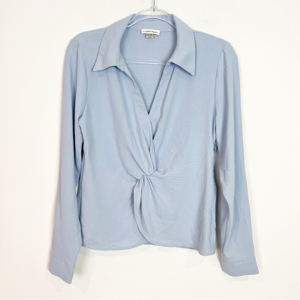 CALVIN KLEIN BLUE LONG SLEEVE SURPLICE TWIST FRONT BLOUSE WOMENS SMALL